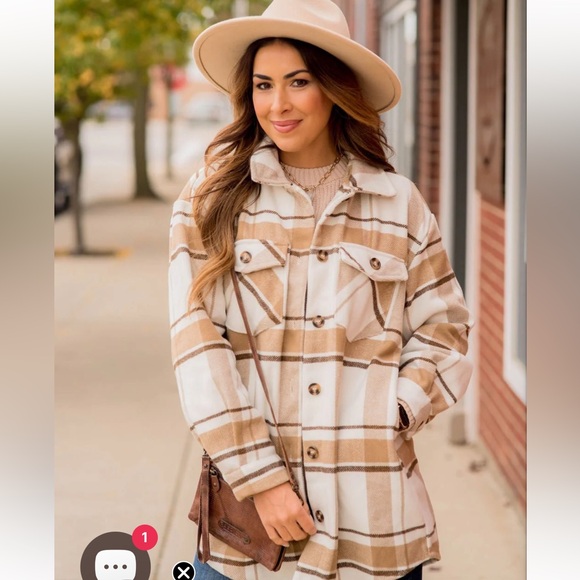 Love Tree Beige and Brown Plaid Shacket, size large - Picture 1 of 8